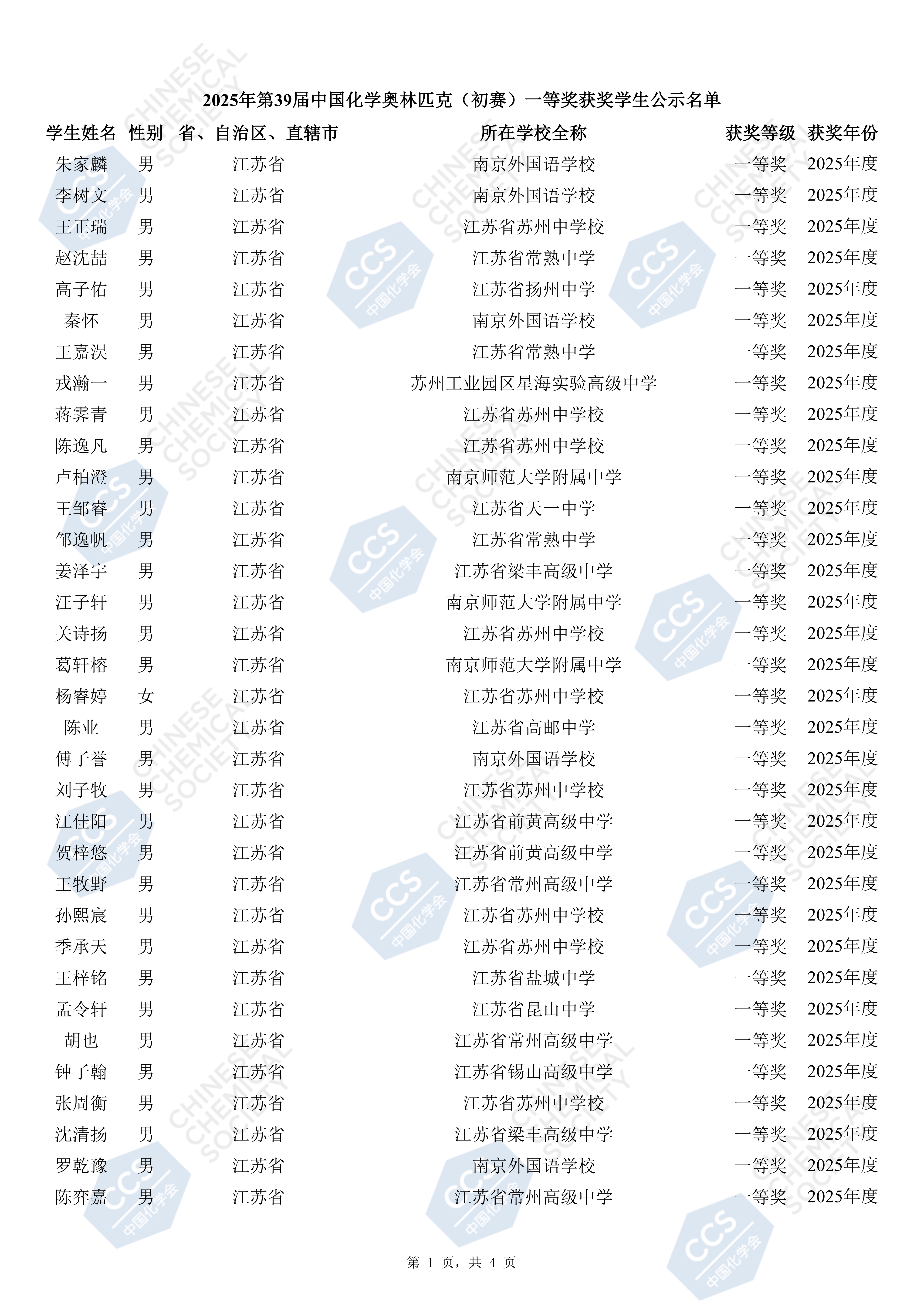 江苏省2025年化学竞赛初赛省一获奖名单，136人获奖